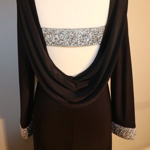 Marina- Black & Silver plunging back evening gown